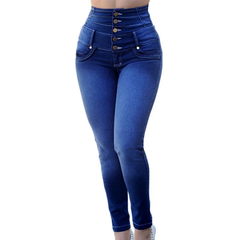 

MoneRffi 2019 High Waisted Women Jeans Button Female Pant Slim Fit Elastic Stretch Jeans Plus Size Denim Blue Skinny Pencil Pant