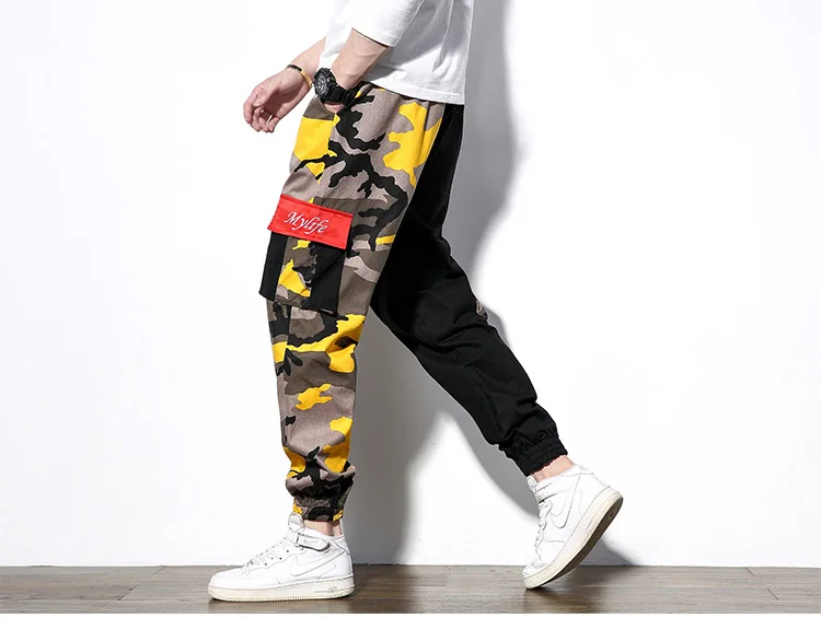 Для мужчин harajuku сращены камуфляжные штаны-карго Для мужчин 2019 в стиле хип-хоп лоскутное камуфляжные брюки тренировочные брюки swag chic