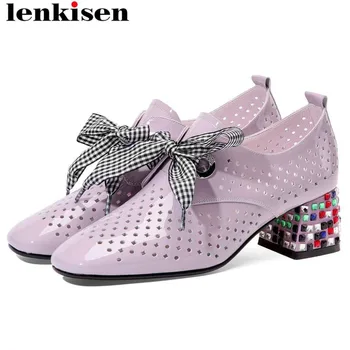 

Lenkisen gorgeous riband ventilated holes big size square toe lace up colorful crystals decoration chunky heels career pumps L28
