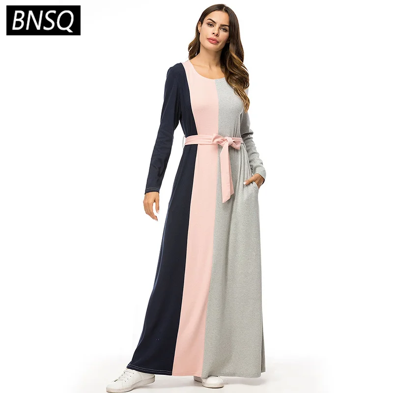 

BNSQ T Shirt Long Dress Spring 2019 Elegant Ladies Maxi Dresses Fashion Contrast Color Block Women Clothes Blue Long Sleeve New