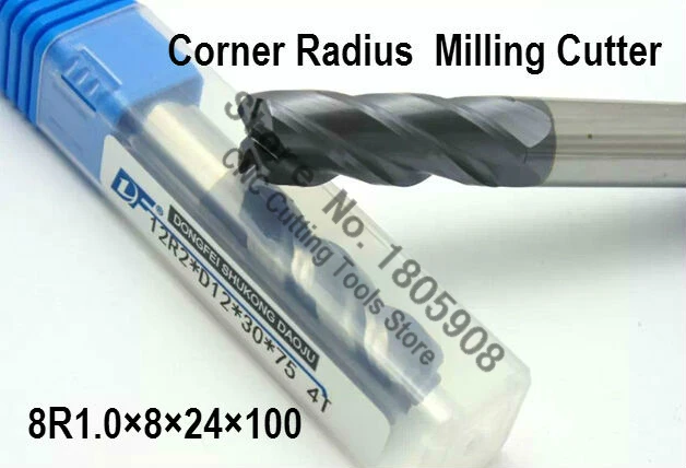 

1PCS 8R1.0*8*24*100 long 8mm 4 flutes Cemented Carbide Corner Radius endmill CNC router bit milling cutter tool