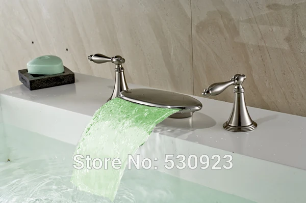 

Newly US Free Shipping Modern Fashion 3Pcs LED Bathroom Bathtub Faucet Waterfall Widespread Mixer Tap Shower Faucet Deck mounted