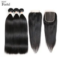 Remy Forte 30 дюймовые бразильские волосы Weave Связки норки прямые бразильские человеческие волосы Связки с 4x4 синтетическое закрытие шнурка