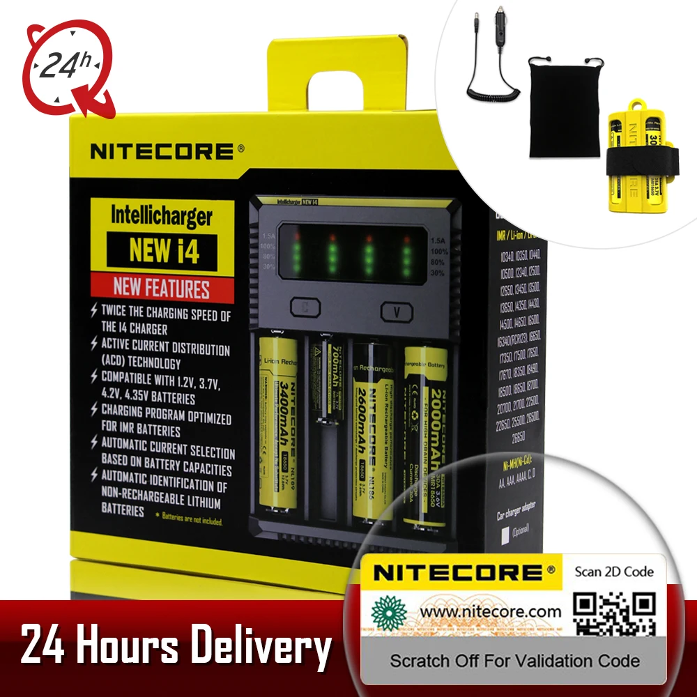 

100% Original Nitecore New I4 Digicharger LCD Intelligent Circuitry li-ion 18650 14500 26650 10440 Car Battery Charger AA AAA
