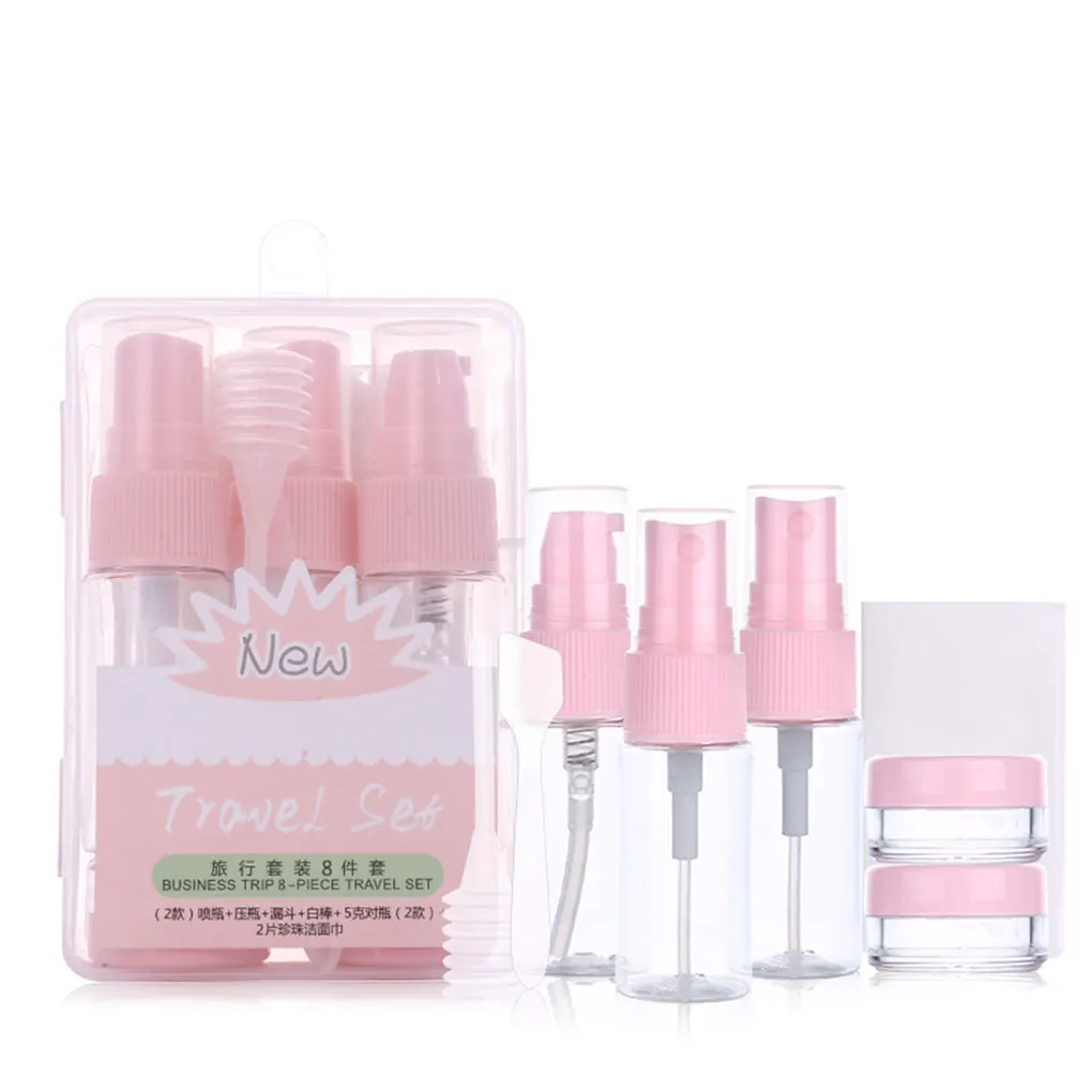 

8Pcs/set Travel Cosmetic Bottle Spray Bottle Cream Box Cosmetic Container Refillable Essential Oil Plastic Jar Atomizer