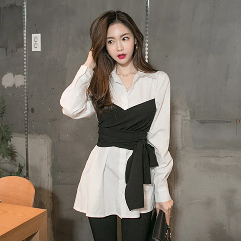 

2019 Spring Autumn Elegant Turn-down Collar Color Block Blouse Long Sleeve Buttons False-two White Shirt Women Tops Streetwear