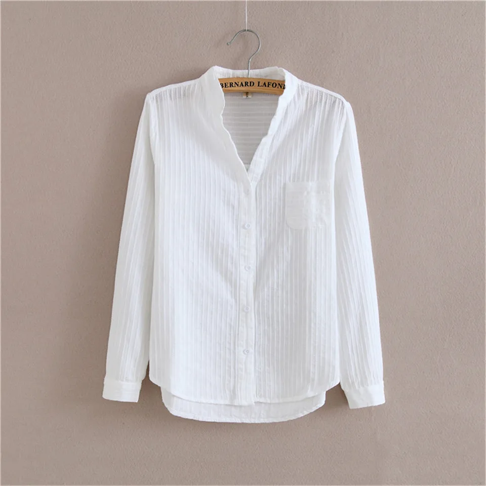 Весна осень хлопок рубашка белая блузка корейский длинный рукав женские блузки рубашки с v-образным вырезом Топы с карманами блузки - Цвет: SQ6819