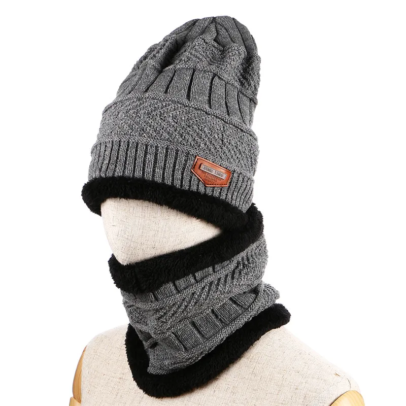 AZUE Mens Fleece Lined 2 Pieces Beanie Hat Scarf Set Winter Thick Warm Solid Skull Caps Scarfs for Men - Цвет: Gray