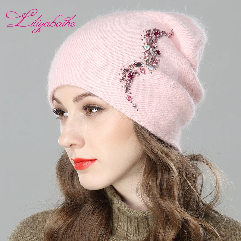 Goedkoop LILIYABAIHE Vrouwen Herfst En Winter Muts angora Gebreide Skullies Mutsen Cap Sexy baard diamant decoratie hoeden voor Meisjes