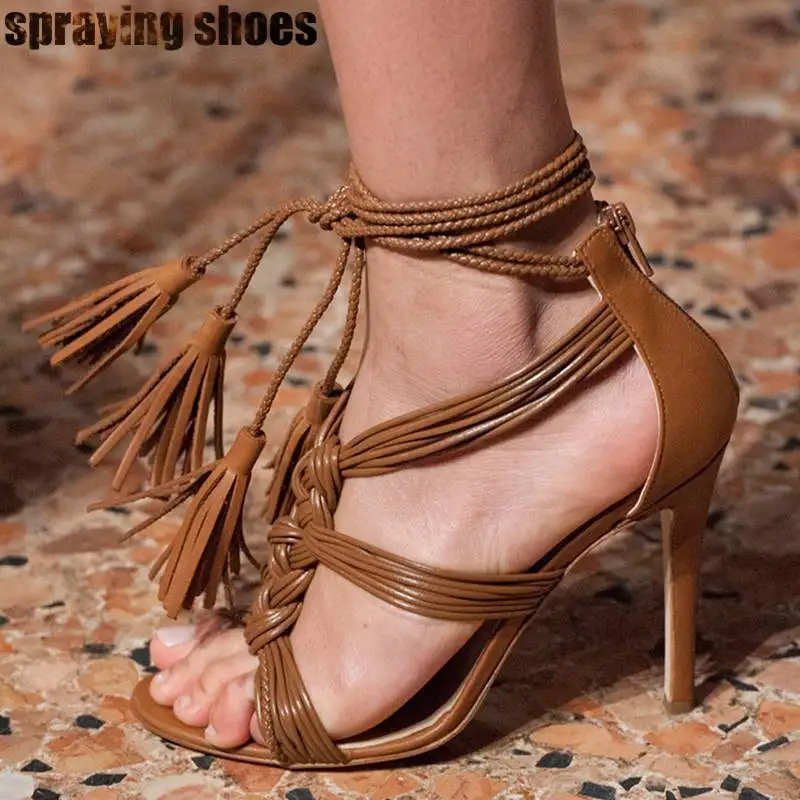 

Fashion Fringe Women High Heels Summer Sandals Peep Toe Stiletto Pumps Ladies Gladiator Sandals Party Dress Shoes Big Size 11