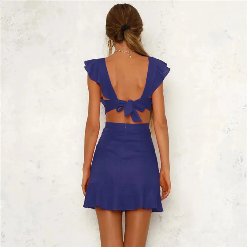 2018 HOT sell Dress summer beach dress Women Solid Short Sleeve Ruffles Backless Hollow Out Beach Boho Mini Dress vestido J08#N (6)