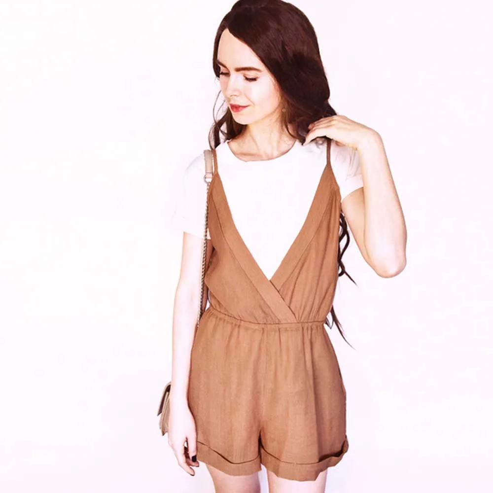 

ZAFUL Cross Front Rolled Up Hem Romper Women Rompers Solid Jumpsuit Summer Short Overalls Jumpsuit Female Girl Cotton Playsuit