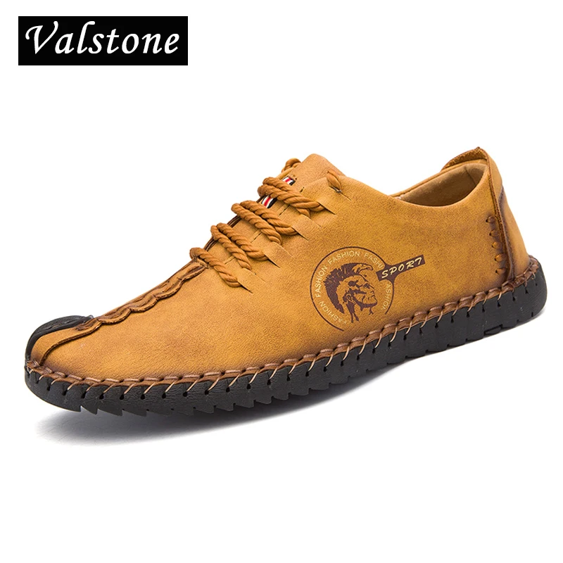

Valstone handmade casual leather shoes Men 2018 Autumn hot sale vintage sneakers huarache soft moccasin Khaki black Plus size 48