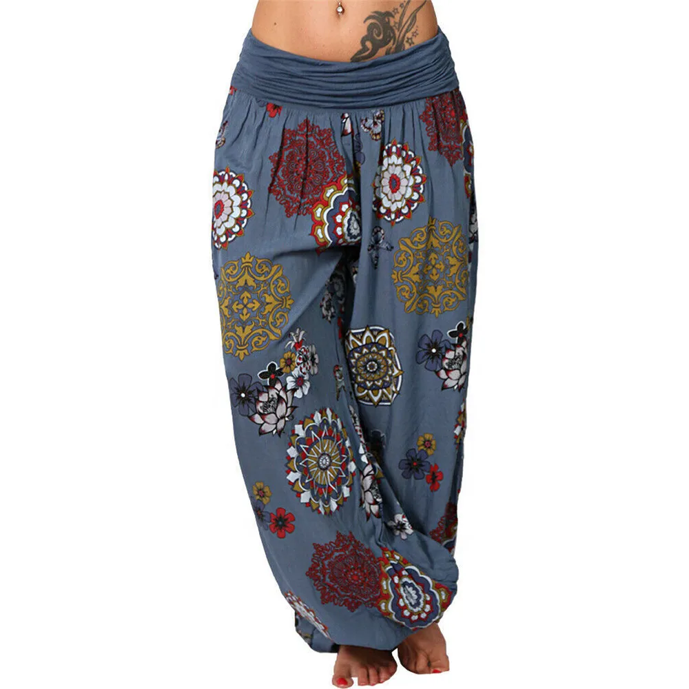 

CALOFE 5XL Plus Size Womens Casual Bohemia Pants Print Floral Pockets Wide Leg Loose High Trousers Harem Pants 7 Colors
