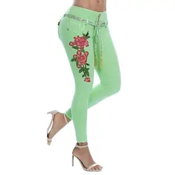 Для женщин мода цветочной вышивкой стрейч обтягивающие джинсы карандаш брюки дамы Повседневное карманы джинсовые брюки Тонкий ноги штаны