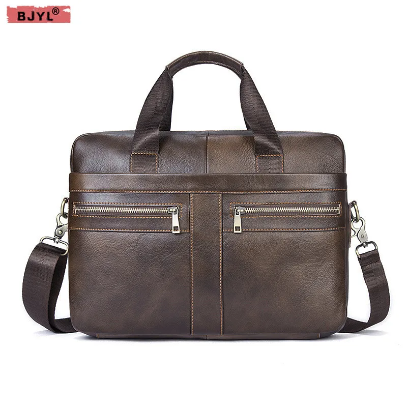 

BJYL Genuine Leather Men Business briefcase first layer cowhide men's 14" Laptop Handbag cross section shoulder messenger Bags