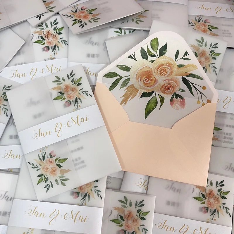 Подгонянное веллум Свадебное приглашение из бумаги с цветочным дизайном AI004