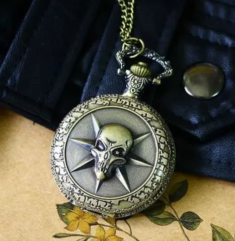 

(1091) 12pcs/lot Steampunk Styel Vintage Bronze Skull Pocket Watch Necklace