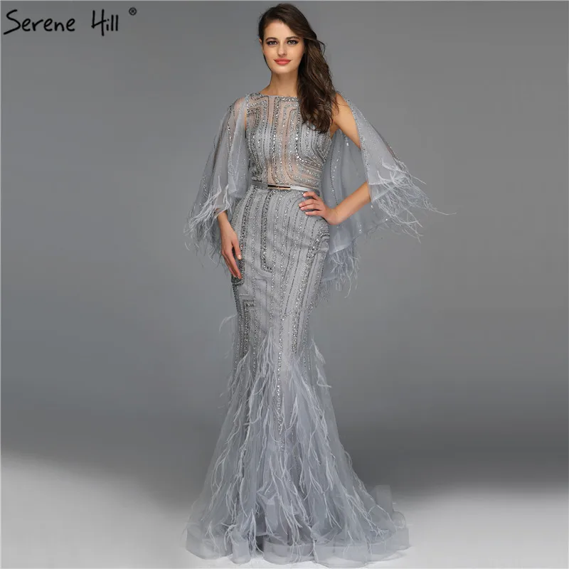 Grey O-Neck Feathers Crystal Prom Dresses Dubai Design Sleeveless Luxury Sexy Prom Gowns Serene Hill BLA70153 - Color: grey