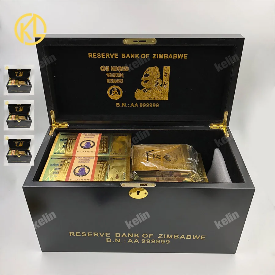 

4 Boxes 1000pcs/set Zimbabwe Banknotes One Hundred Trillion Dollars Gold fake Banknotes in good Wooden box by Fedex or DHL