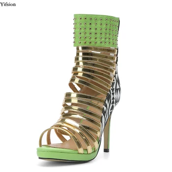 

Olomm New Women Ankle-Wrap Sandals Sexy Rivets Thin High Heel Sandals Open Toe Nice Green Party Shoes Women US Plus Size 4-15