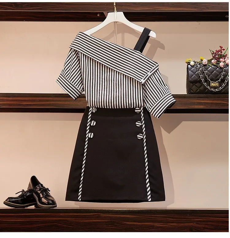 

5XL Large Sizes Women Cotton Striped T-Shirt Sexy Shoulder Off +Double Breasted Pencil Skirt Suit 2Pcs Clothing Summer Skirt Set