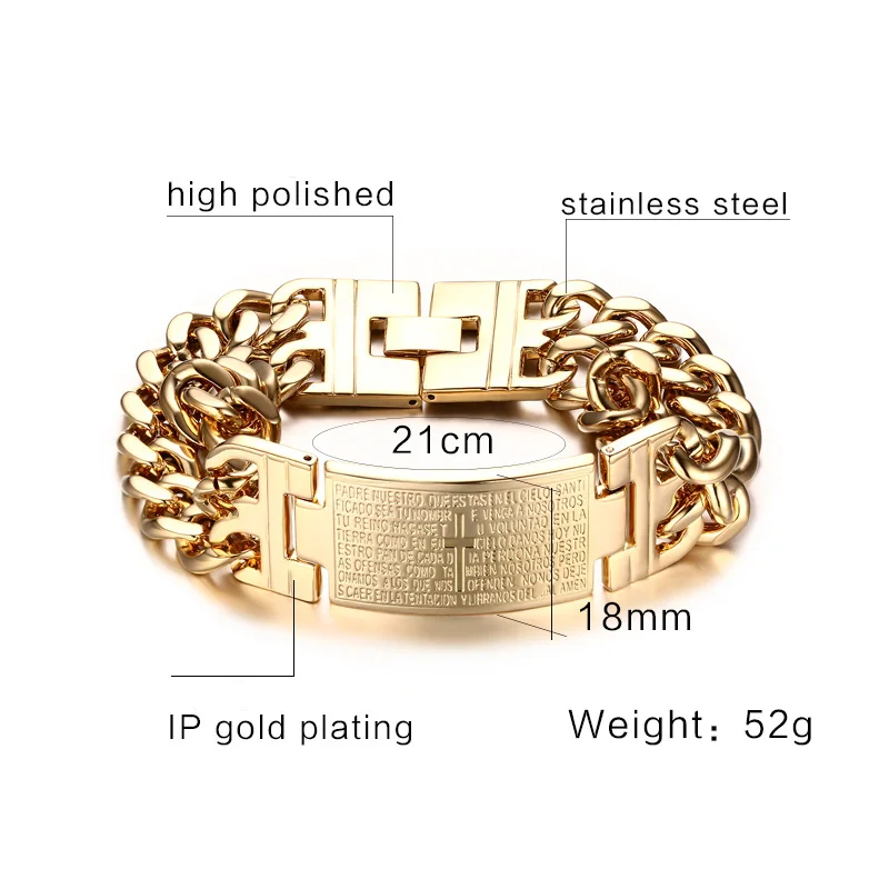 Gold Color ID Bracelet Men Scripture Stainless Steel Men Bracelet Metal Cross Double Hand Chain Bracelets & Bangles for Male