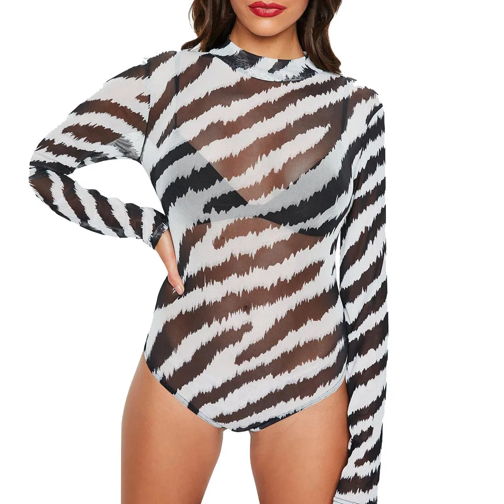 Women Bodysuit Sexy Turtleneck Body Suits Long Sleeve Skinny Print Snake Casual Print Bodycon Playsuit Rompers Womens Jumpsuit
