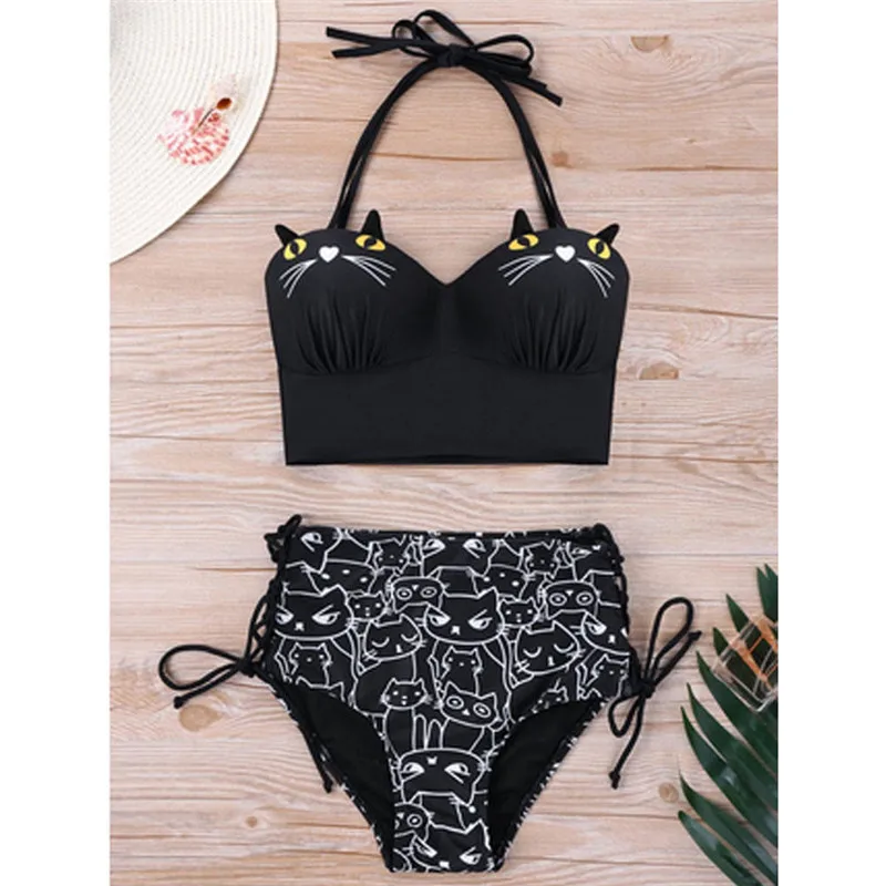

Women Bandge Cat Printed Bikini Set Push-Up Padded High Waist Swimwear Swimsuit Bathing Beachwear