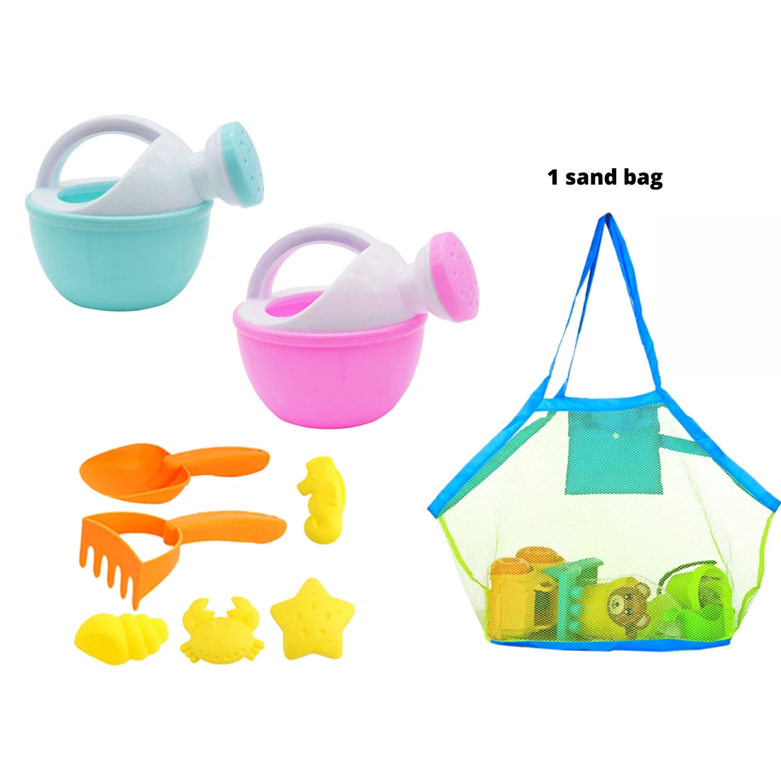 Мягкий резиновый песок, Пляжная игрушка, набор для улицы, пляжные формы для животных, шлифовальная игрушка, лопатка для песка, мишень+ большая пляжная сумка в сеточку-случайный цвет - Цвет: random color