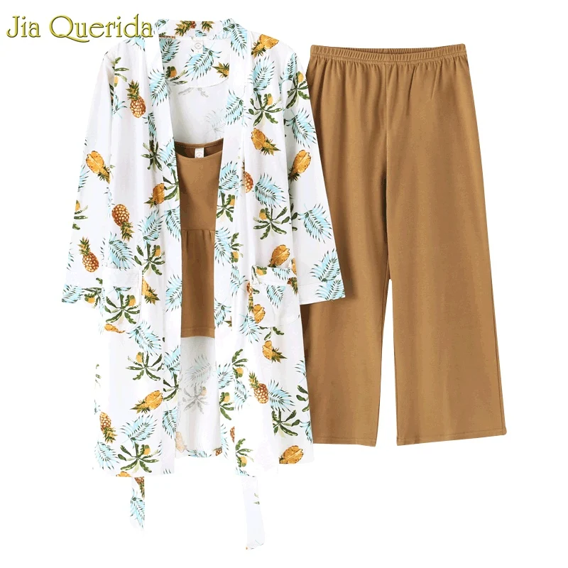 

Home Wear Cotton Pajamas Japanese Style Women Printing Pajamas Kawaii Pajama Set 3 Pieces Floral Printing Robe+wide Leg Pant Pjs
