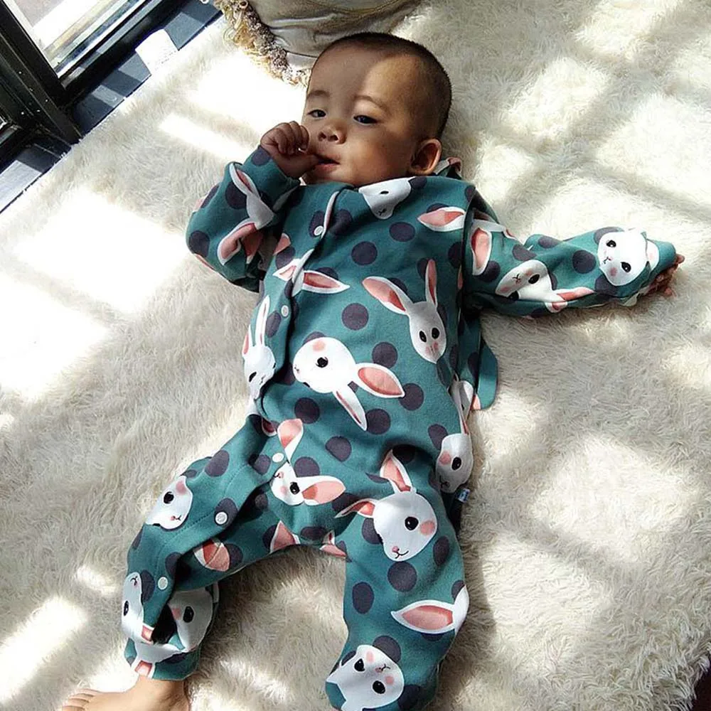 

New Baby Kid Hooded Onesies Clothes Set Spring Baby Printed Animal Rabbit Ears Outing Clothes Single Layer Cotton Unisex Clothes