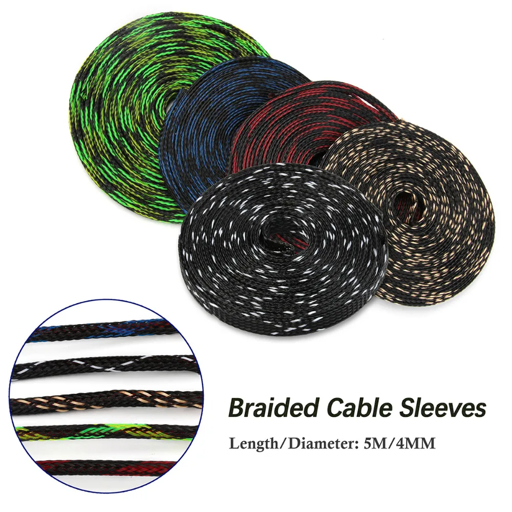 5M 4mm Braided Cable Sleeves Expandable Tight PET Nylon High Density Wire Gland Cables Protection 8 Sizes 5Colors Assortment Kit