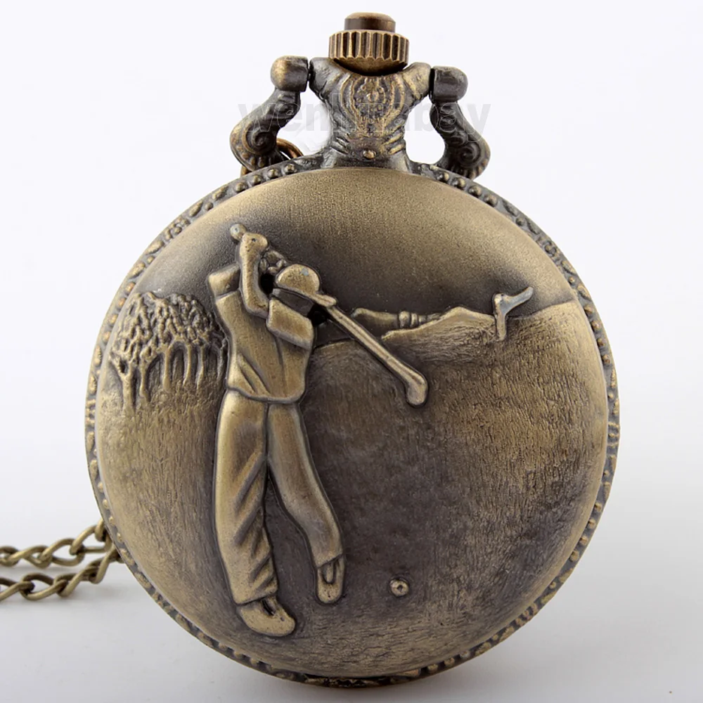 

New Vintage Retro Bronze Golf Men Pocket Watch Necklace Pendant Chain Quartz Pocket Watch Boy Unisex Gifts