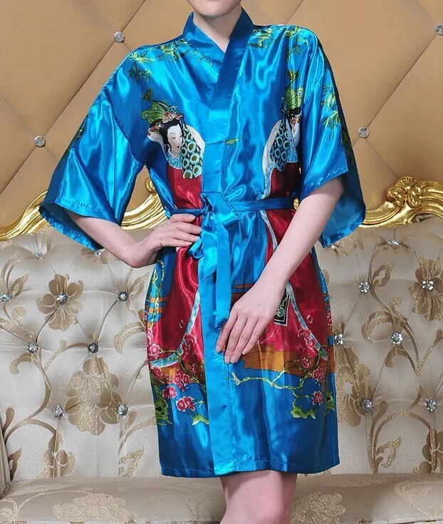 Новые черные Для женщин халат кафтан шелковый халат платье печать belle пижамы кимоно платье дропшиппинг M, L, XL - Цвет: Синий