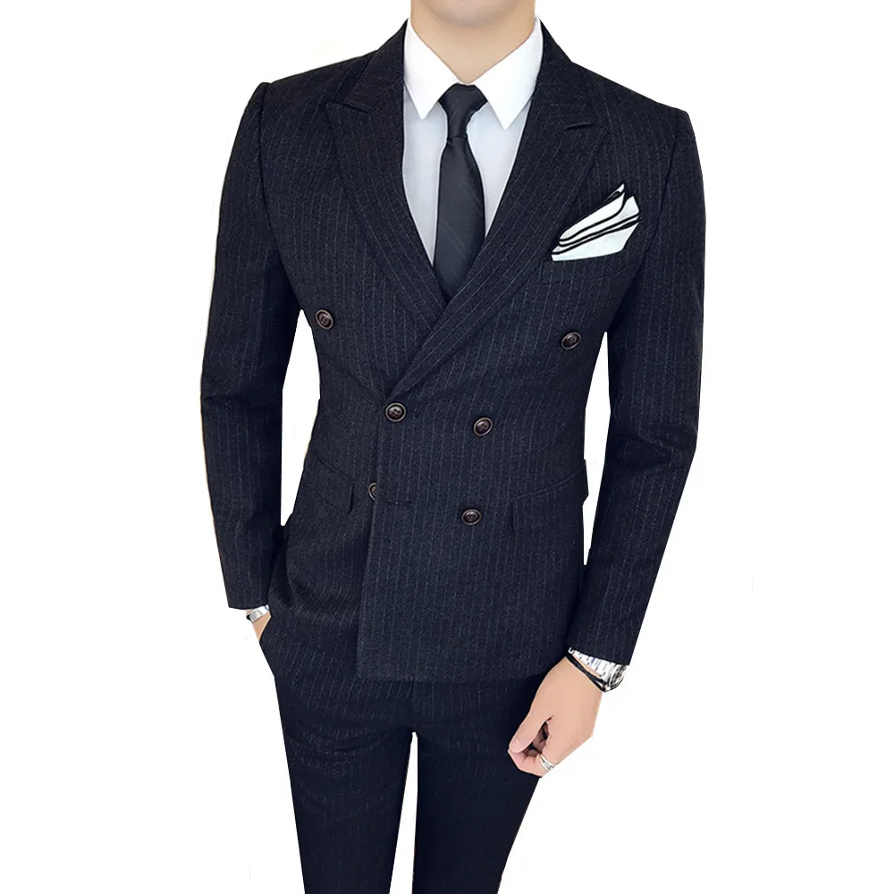 

( Jacket + Vest + Pants ) 2019 Premium Brand Grooms Best Wedding Dress Fashionable Mens Stripe Double-breasted Business Suit set