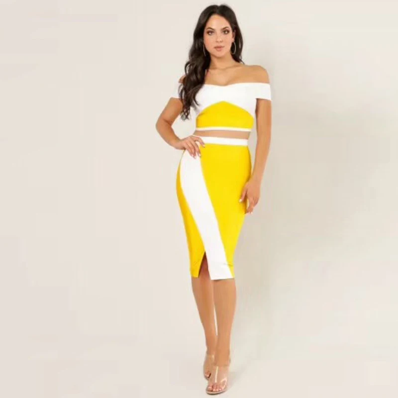 Elegant Yellow and White Two 2 Pieces Set Bodycon Dress High Quality