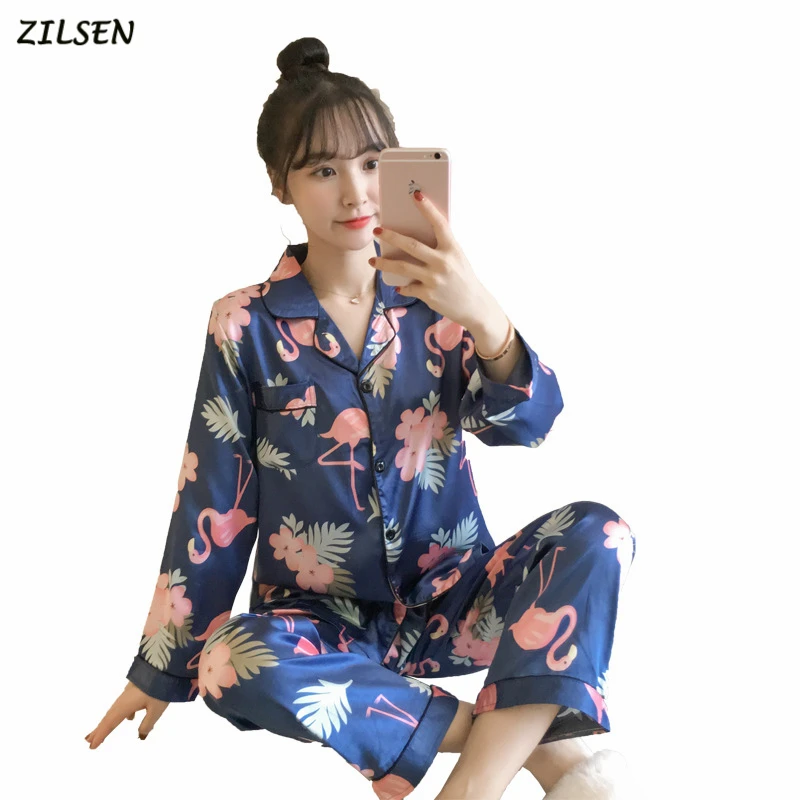 

2019 Silk Women Pajamas Set Femme Sexy Spring Pyjama Top Fashion Flamingo Print Home Clothing lenceria mujer feminino inverno