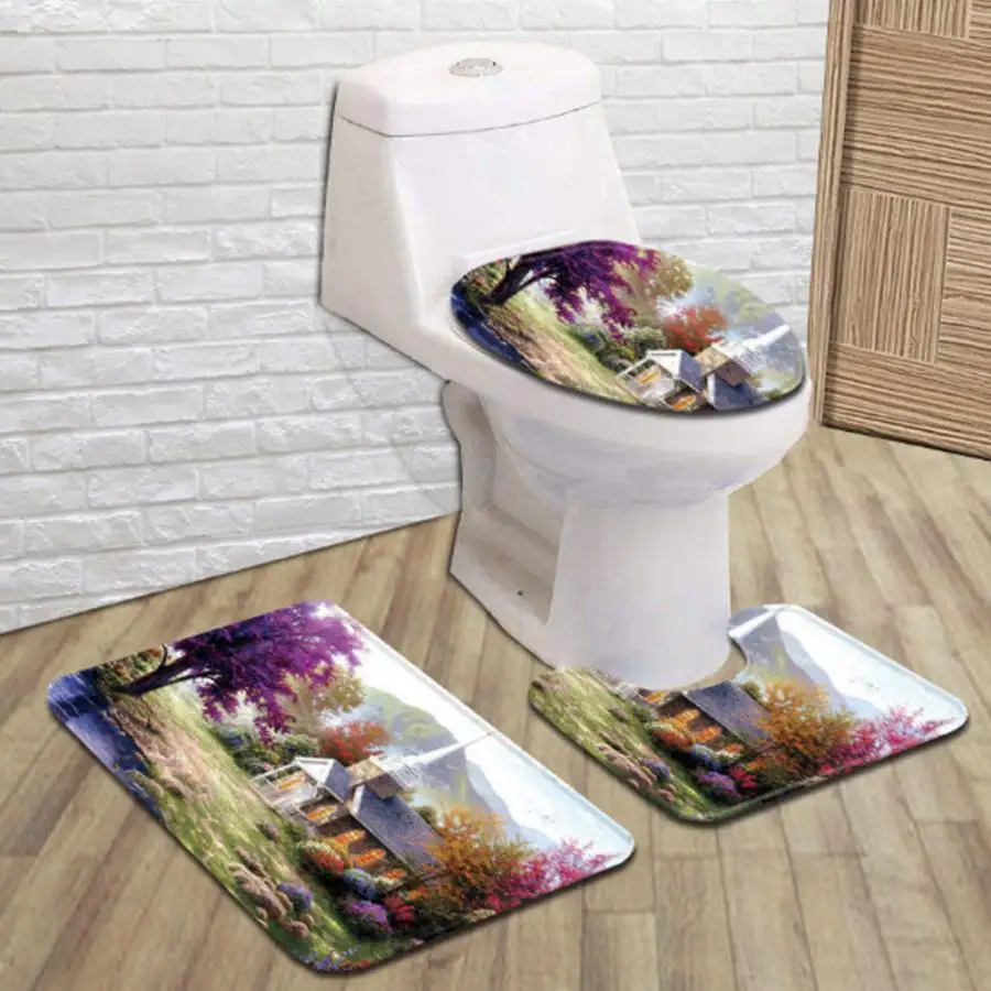 3pcs Flower Prints Pattern Bathroom Non-Slip Mats Shower Mats Set Toilet Mat U-shape Mat