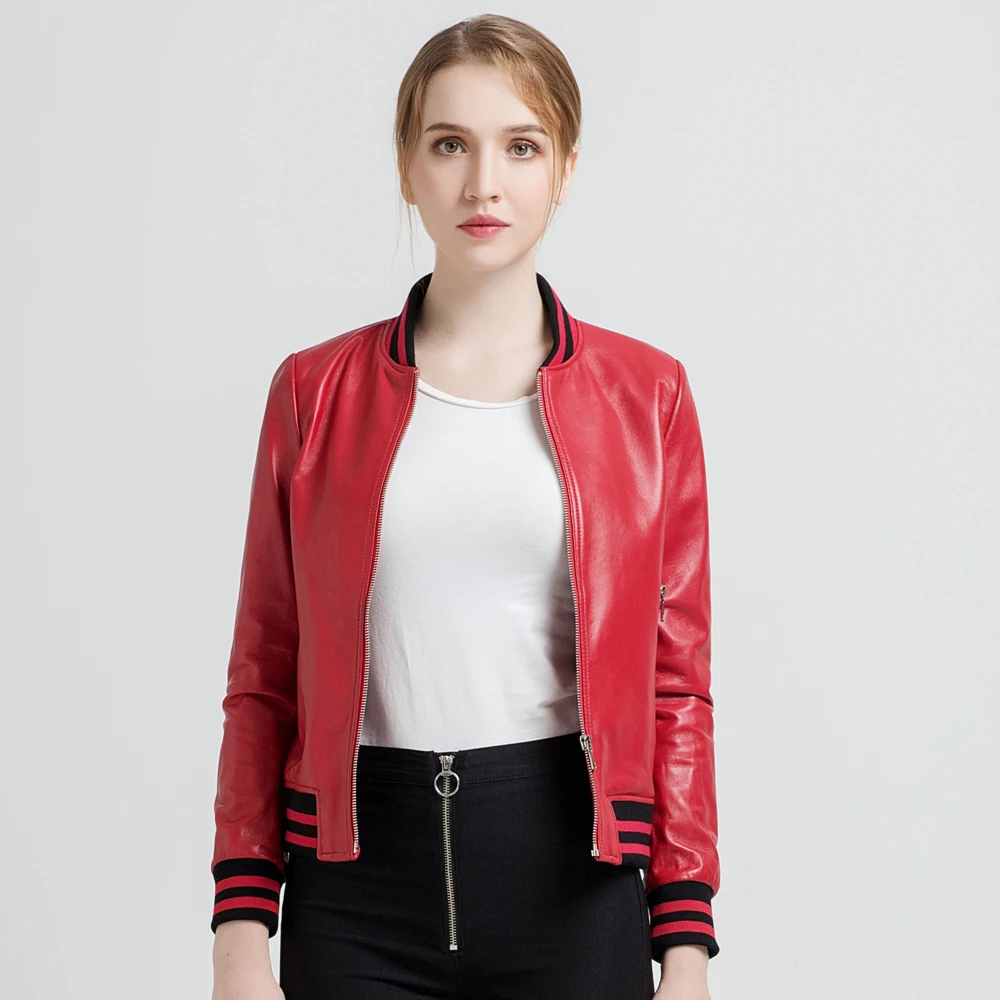 Gours, женские Куртки из натуральной кожи, женская модная короткая мотоциклетная куртка, черная классическая куртка в стиле панк, Женская куртка из овчины 301 - Цвет: Red