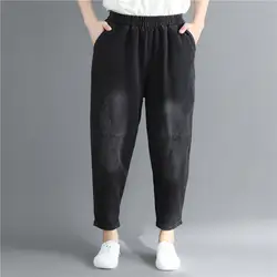 2019 новые модные женские винтажные карманы черные брюки женский эластичный пояс свободные джинсы