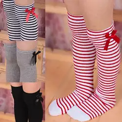 Одна пара (2 шт.), Детские гетры, хлопковые носки в полоску с бантиком для детей 1-8 лет
