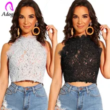Adogirl lace knitted floral patchwork short tops for lady European style zip-up crop top Lace sleeveless T-shirt zip up cutwork lace crop top