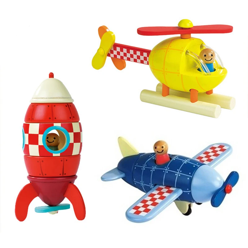 Hot Wooden Magnetic Combined Child Educational Plane Rocket Helicopter 3Kind For Choose Vehicle Toy Gift Blocks