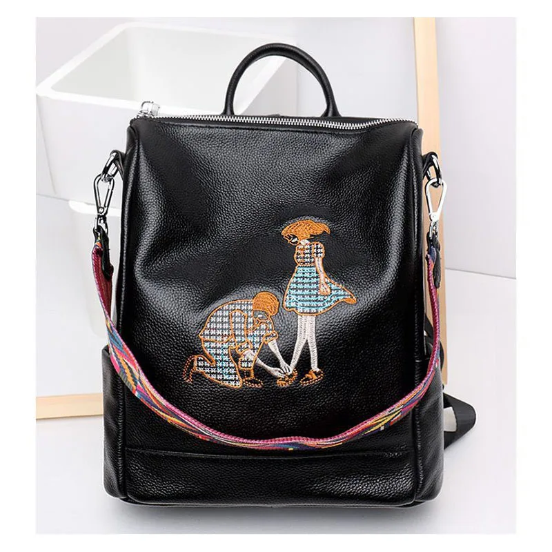 

New ladies leather large-capacity backpack Simple first-layer leather shoulder bag Embroidered dual-purpose multi-purpose backpa