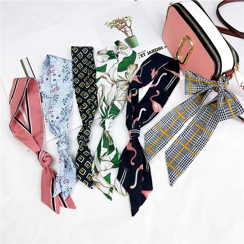 40Designs Cartoon Stripe Plaid Scarf Hair Handkerchief for Women Head Bandage Silk-like Cachecol Female Bag Decoration 5*90cm