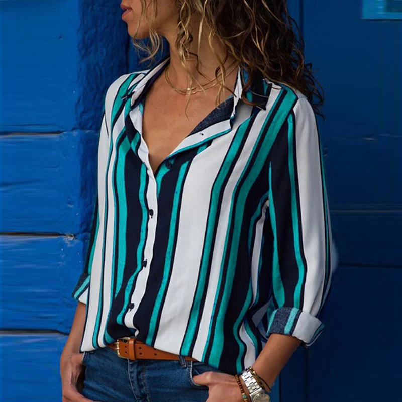 Skup Blusas Top 2018 Moda Jesień Kobiety Casual Lapel Długim Rękawem Eleganckie Paski Urząd Pracy Luźne Koszule Bluzka Plus Rozmiar S 5XL