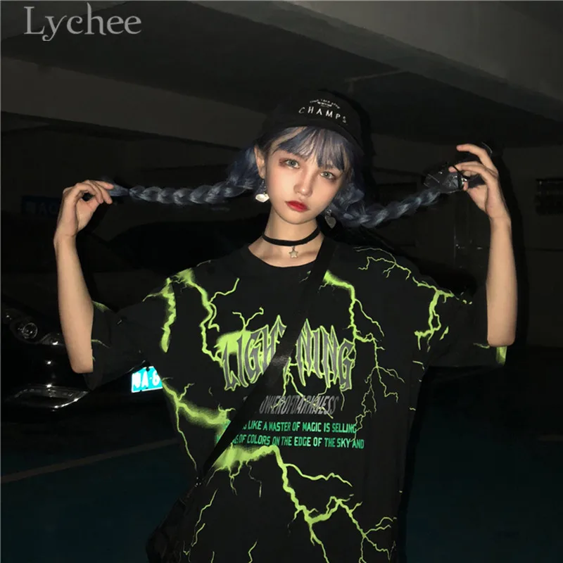 Lychee Harajuku, женская футболка с принтом молнии и буквами, Повседневная Свободная футболка с круглым вырезом и коротким рукавом, женская футболка