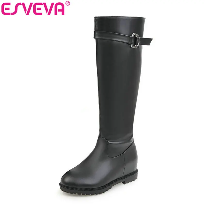 

ESVEVA 2018 Women Boots Zipper Height Increasing Short Plush Boots Knee-high Boots Med Heels Ladies Shoes Round Toe Size 34-43
