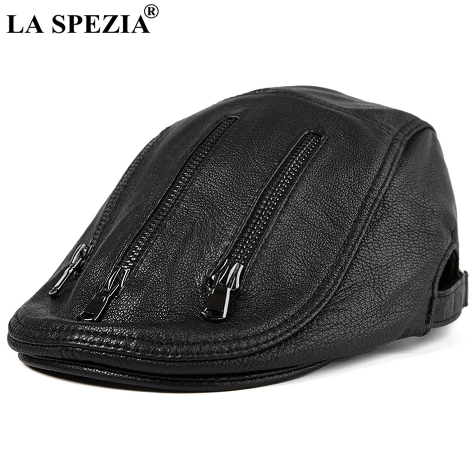 LA SPEZIA Leather Flat Caps For Men Black Multi Zipper Berets Male Adjustable Genuine Leather Spring Autumn Luxury Duckbill Hat